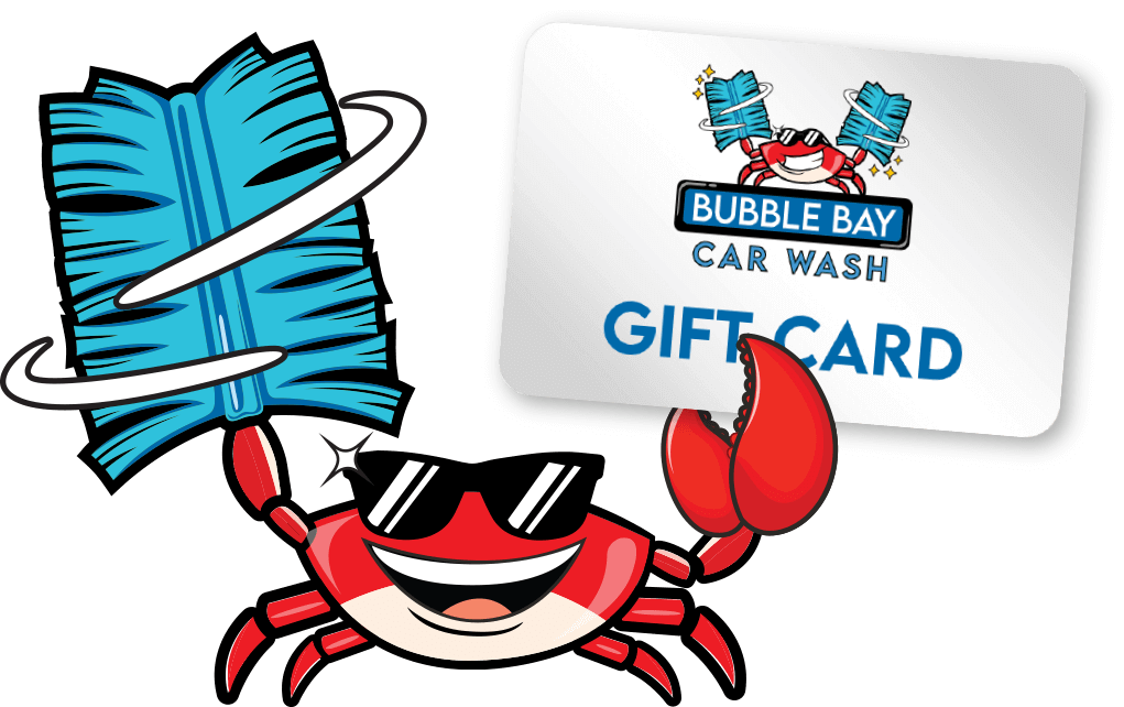 Bubble Bay crab mascot holding a Bubble Bay gift card